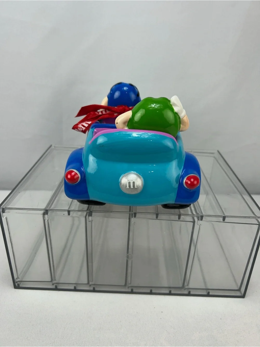 M&M'S Blue & Green Characters in Teal and Royal Blue Toy Car with Red Ribbon